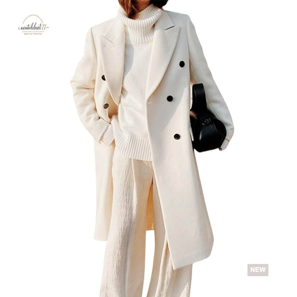 Double Breasted Wool Pea Coat Notched Lapel Classic Elegant Winter Overcoat